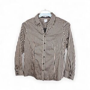 Chico's Womens Sz 1 US8 Brown Black Striped Button Down Long Sleeve Shirt Blouse